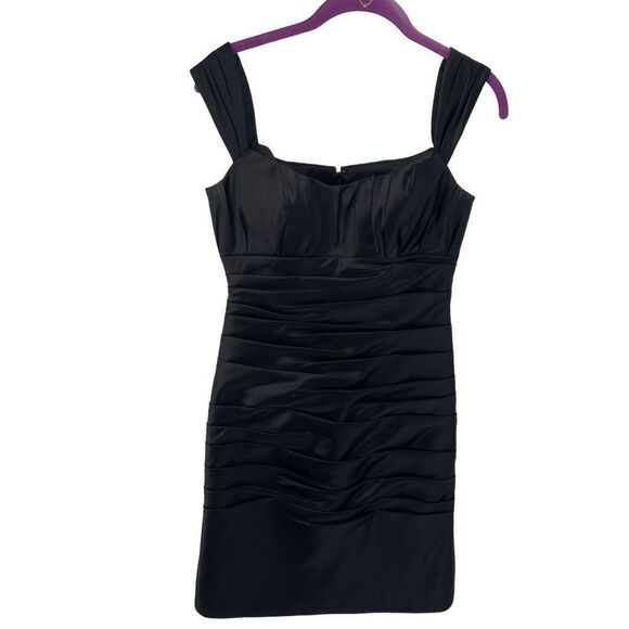 Bill Levkoff Ruched Bodycon Satin Ruffle Pleated Mini Dress Black Size 4 EUC - Picture 1 of 11
